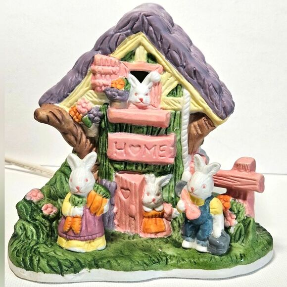 Lighted Porcelain Bunny Tidy Treehouse Figurine Home Decor - Picture 2 of 13